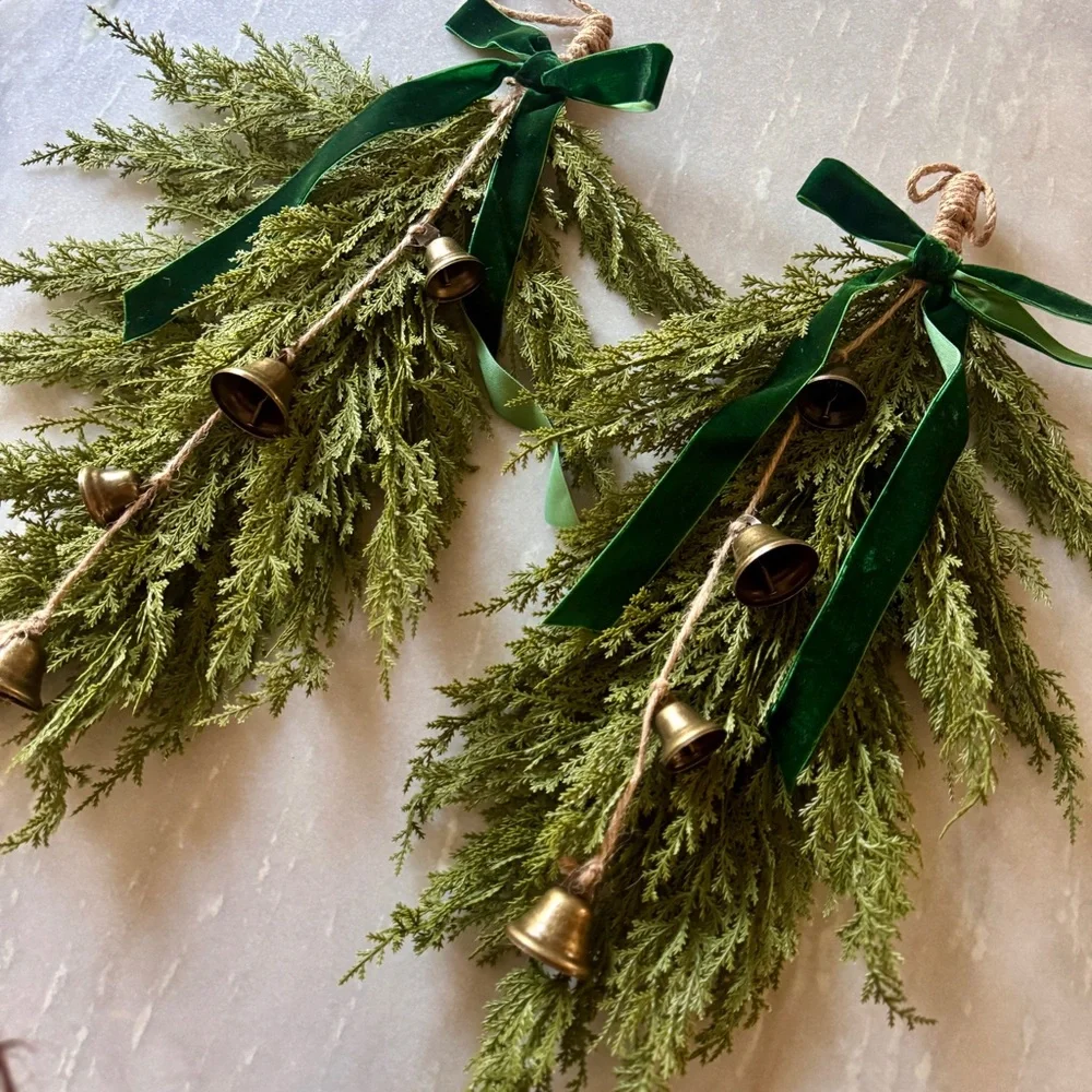 NEW Greenery Cedar Teardrop Holiday Swag with Velvet Ribbon & Bells